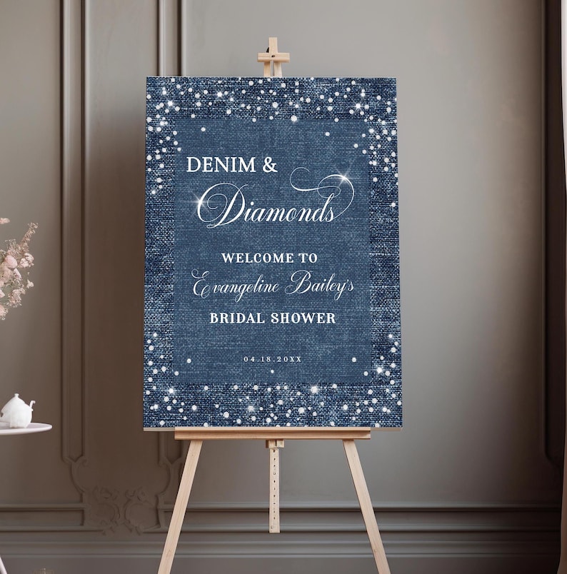 Denim and Diamonds party welcome sign with denim look background and diamond accents