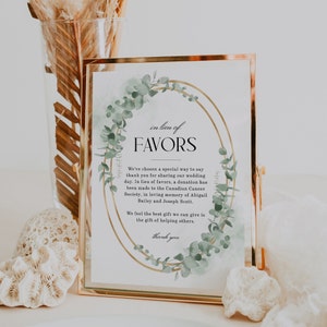 In Lieu of Favors Sign Eucalyptus Wedding In Lieu of Favors Editable Template Printable Charity Donation Sign Greenery and Gold - EJ11
