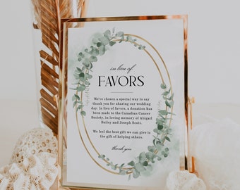 In Lieu of Favors Sign Eucalyptus Wedding In Lieu of Favors Editable Template Printable Charity Donation Sign Greenery and Gold - EJ11