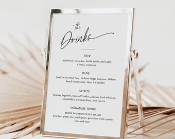 Minimalistisches Hochzeitsbarschild, Einfache Getränkekarte, druckbare, bearbeitbare Hochzeitsgetränkeschildvorlage, Signaturgetränkschild, modern - EJ09