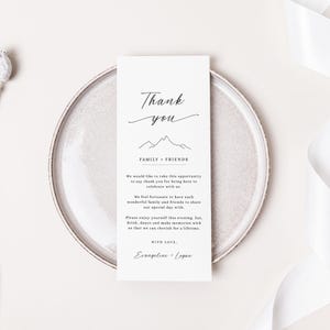 Hochzeit Dankeskarte Berg, Danke Serviettennotiz, minimalistische Linie Kunst Berg Gedeck, bearbeitbare Danke Vorlage - EJ13