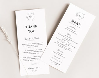 Monogram Wedding Menu and Thank You Card, Printable Dinner Menu, Thank You Napkin Note, Editable, Instant Download, Botanical Wreath - EJ05