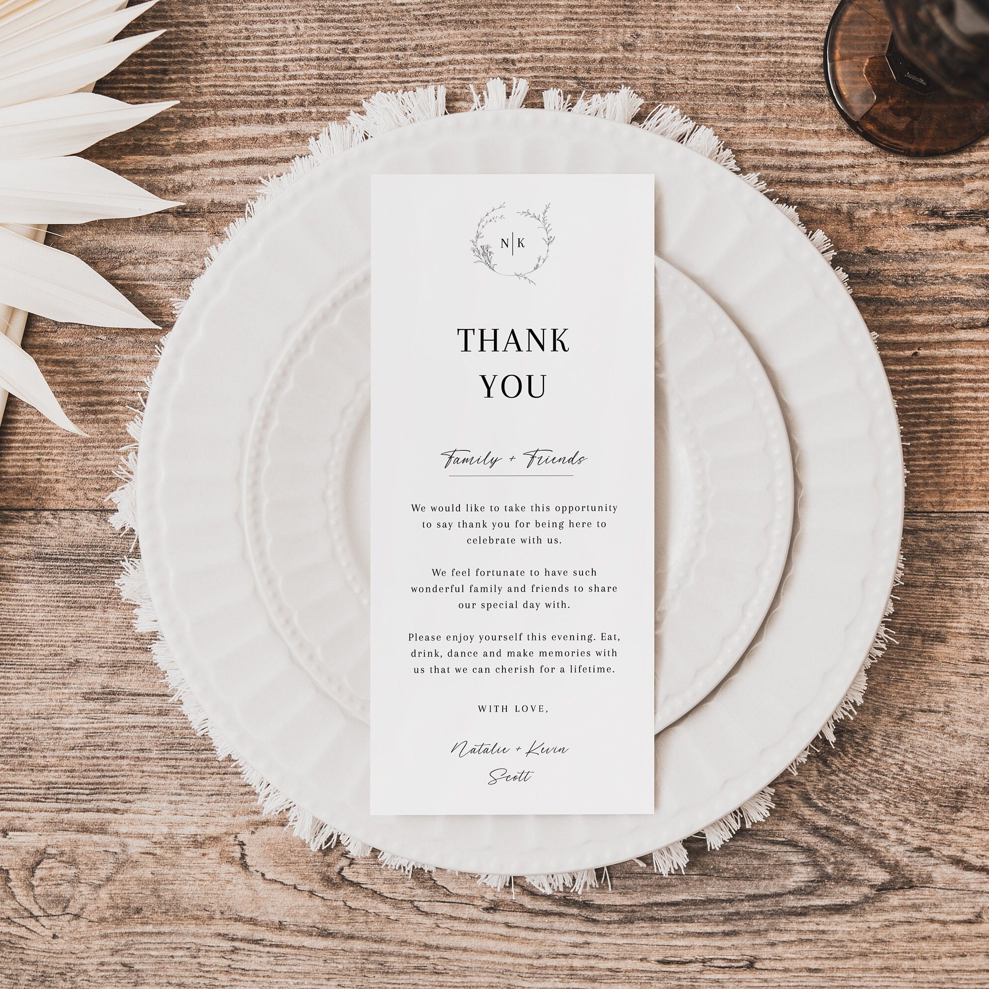 Monogram Wedding Thank You Table Card, Thank You Napkin Note, Printable Monogram Wedding Thank You Table Card, Thank You Napkin Note, Printable
