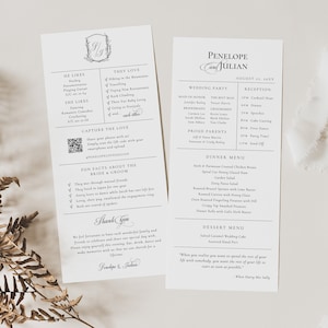 May include: A wedding invitation suite with a black and white design. The front of the invitation features a floral design with the couple's names, Penelope and Julian, and the wedding date. The back of the invitation includes details about the wedding party, reception, dinner menu, and dessert menu. The text includes the quote "When you realize you want to spend the rest of your life with somebody, you want the rest of your life to start as soon as possible." - When Harry Met Sally.