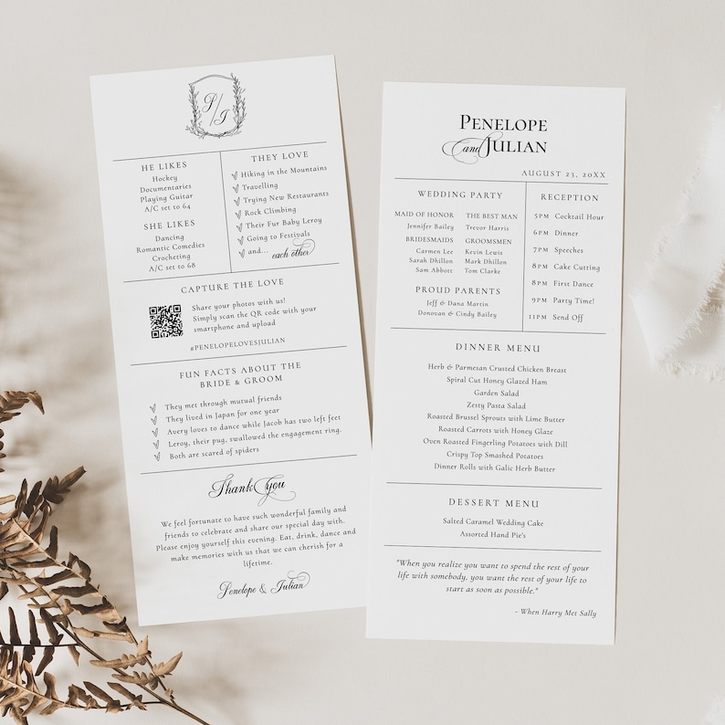 May include: A wedding invitation suite with a black and white design. The front of the invitation features a floral design with the couple's names, Penelope and Julian, and the wedding date. The back of the invitation includes details about the wedding party, reception, dinner menu, and dessert menu. The text includes the quote "When you realize you want to spend the rest of your life with somebody, you want the rest of your life to start as soon as possible." - When Harry Met Sally.