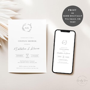 May include: A white wedding invitation with a floral wreath and the initials "NK" in the center. The invitation is for a couples shower honoring Natalie & Kevin on Saturday, August 26, 2024 at 4 o'clock at Starling Estates Vineyard. The address is 363 Lakeshore Drive, Kelowna, BC. RSVP to Jenna at 123-454-7890. Registered at Crate and Barrel and West Elm.