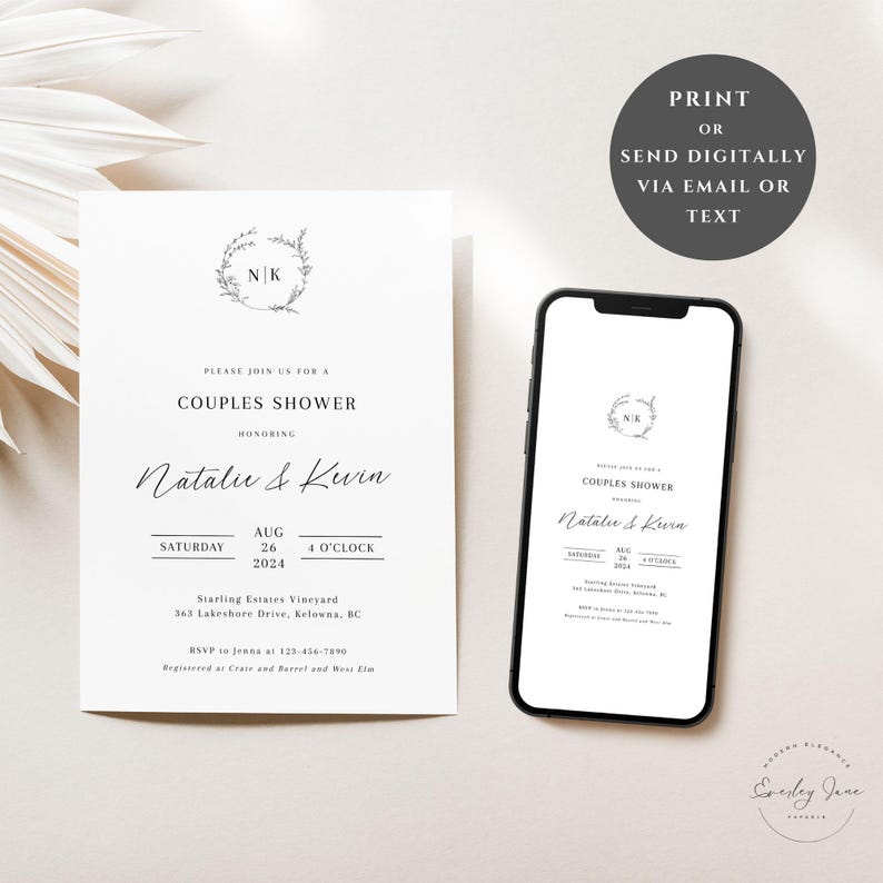 May include: A white wedding invitation with a floral wreath and the initials "NK" in the center. The invitation is for a couples shower honoring Natalie & Kevin on Saturday, August 26, 2024 at 4 o'clock at Starling Estates Vineyard. The address is 363 Lakeshore Drive, Kelowna, BC. RSVP to Jenna at 123-454-7890. Registered at Crate and Barrel and West Elm.
