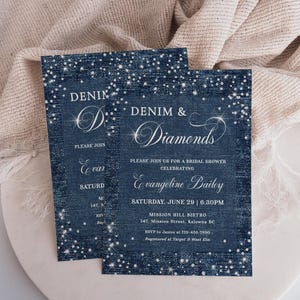 Denim and diamonds party invitation with a denim inspired background and diamond accents