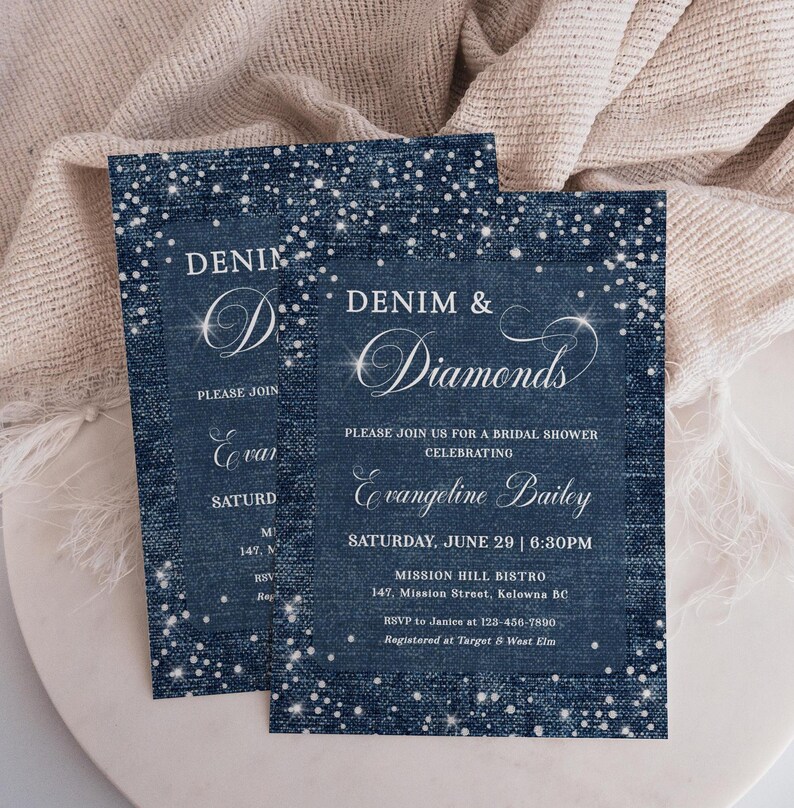 Denim and diamonds party invitation with a denim inspired background and diamond accents