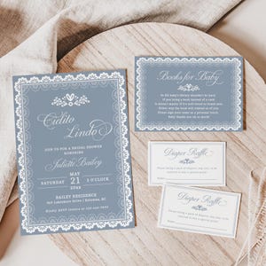 Cielito Lindo Baby Shower Invitation Set, Dusty Blue Talavera Theme Baby Shower Invitación, Invitación editable Papel Picado, Rifa de pañales - EJ47