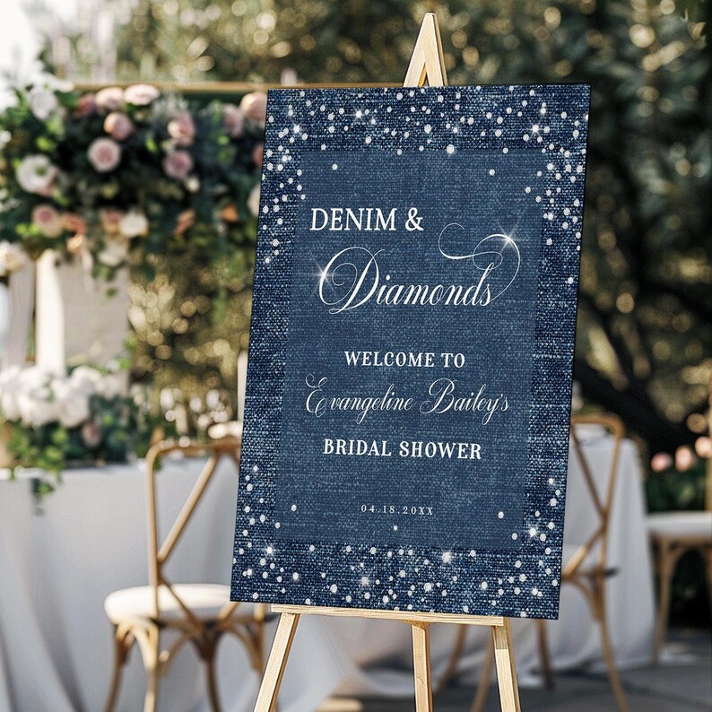 Denim and Diamonds party welcome sign with denim look background and diamond accents