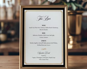 Plantilla de letrero para bar de boda de la vieja aristocracia, elegante menú de cócteles de lujo, letrero imprimible para menú de bebidas exclusivas, letrero clásico para bebidas de boda - EJ14