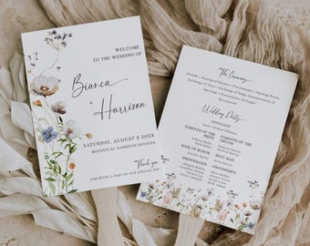 Wildflower Wedding Program Fan Template, Ceremony Program Fans Floral, Editable Program Fan, Printable Wedding Fan for Guests - EJ10