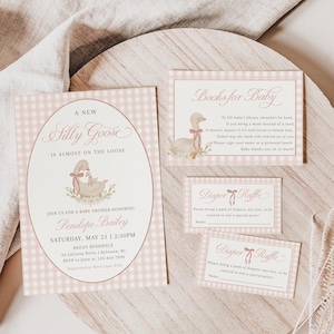 Silly Goose Baby Shower Bundle, Mother Goose Baby Shower Invitation Set, Pink Gingham Baby Shower Printable, Baby Girl Shower - EJ50