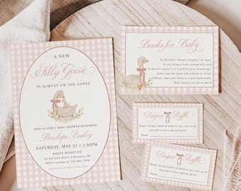 Babyshowerpakket met gekke gans-thema, Moeder Gans-babyshoweruitnodigingsset, printbare babyshower met roze ruitjespatroon, babyshower voor een meisje - EJ50