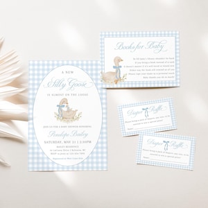 Silly Goose Baby Shower Bundle, Mother Goose Baby Shower Invitation Set, Blue Gingham Baby Shower Printable, Baby Boy Shower - EJ50
