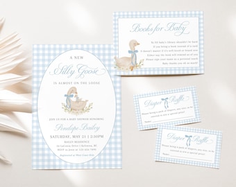Silly Goose Baby Shower Bundle, Mother Goose Baby Shower Invitation Set, Blue Gingham Baby Shower Printable, Baby Boy Shower - EJ50