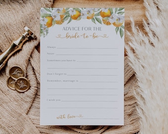 Citrus Bridal Shower Advice Cards, Advice for the Bride-To-Be, Bridal Shower Advice Card, Main Squeeze Shower Game, Editable Template - EJ35