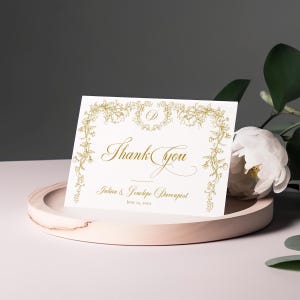 Biglietto di ringraziamento per matrimonio in oro, modello di biglietto di ringraziamento in tela dorata, biglietto di ringraziamento piegato, monogramma modificabile di ringraziamento - EJ33G