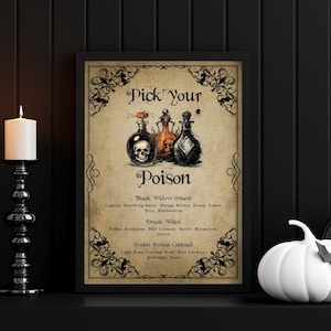 Halloween Bar Menu Template, Pick Your Poison Sign, Gothic Halloween Cocktail Menu Template, Adult Halloween Party Decor - EJ31