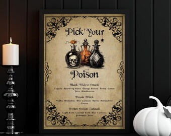 Halloween Bar Menu Template, Pick Your Poison Sign, Gothic Halloween Cocktail Menu Template, Adult Halloween Party Decor - EJ31