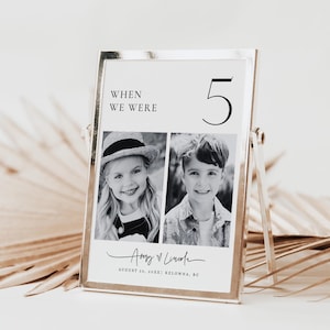 Plantilla de número de mesa con foto de cuando teníamos edad, números de mesa con foto para bodas, números de mesa según la edad de la infancia, números de mesa editables - EJ21