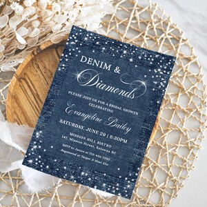 Denim and diamonds party invitation with a denim inspired background and diamond accents