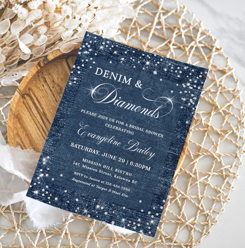 Denim and diamonds party invitation with a denim inspired background and diamond accents