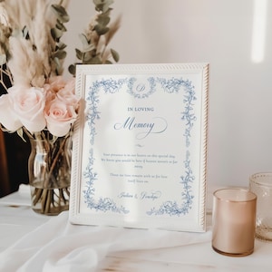 Puede incluir: Un cartel enmarcado en blanco con un borde floral azul y el texto "IN LOVING Memory" en letra cursiva. El texto continúa con un mensaje sobre recordar a un ser querido e incluye los nombres "Julian & Genelope".
