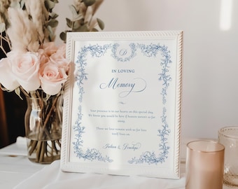Placa de mesa comemorativa azul acinzentado, placa memorial azul para casamento, casamento em estilo Chinoiserie, placa "Em memória amorosa", placa memorial celestial - EJ33B