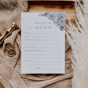 Carte de conseils pour la mariée bleu poussiéreux, carte de conseils pour la mariée florale bleu poudré, conseils pour la future mariée, carte de conseils pour la douche nuptiale, jeu modifiable - EJ18