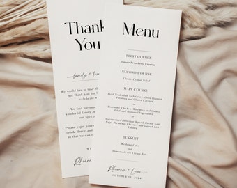 Minimal Wedding Menu and Thank You card, Thank You Napkin Note, Editable Dinner Menu, Printable, Instant Download - EJ07