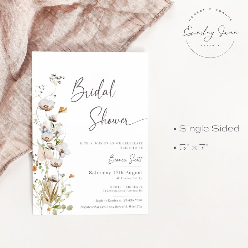 Wildflower Bridal Shower Invitation, Floral Bridal Shower Invite, Boho Bridal Shower, Spring Summer, Printable, Editable Template EJ10 image 5