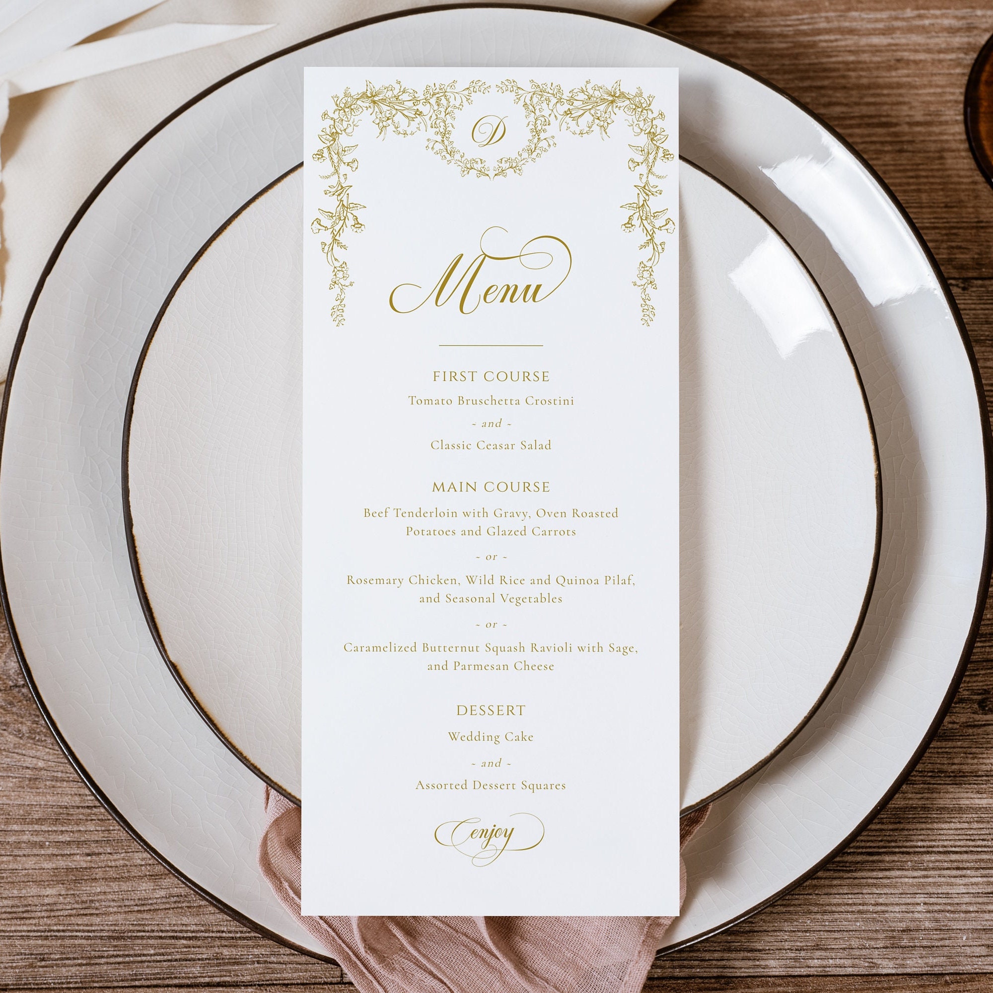Wedding Dinner Menu Gold Floral, Gold Chinoiserie Wedding