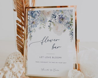 Flower Bar Sign, Wedding Flower Bar Sign Template, Dusty Blue Wedding Sign, Flower Bouquet Favor Sign, Bridal Shower Favor Sign - EJ18