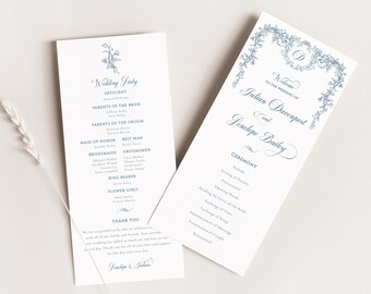 Dusty Blue Wedding Program, Chinoiserie Monogram Wedding Program Template, French Toile Ceremony Order of Service, Editable Template - EJ33