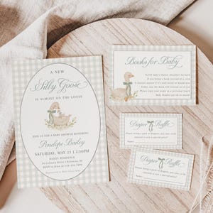 Silly Goose Baby Shower Bundle, Mother Goose Baby Shower Invitation Set, Green Gingham Baby Shower Printable, Baby Boy Shower - EJ50