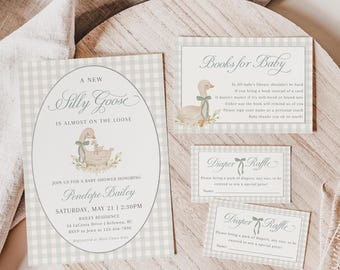 Dumme Gans-Babyparty-Einladungs-Set, Muttergans-Babyparty-Einladungs-Set, grünes Gingham-Babyparty-Design, Babyparty für Jungen - EJ50