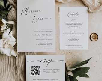 Minimalist Wedding Invitation Set, Simple Wedding Invitation Suite, Photo Wedding Invite, QR Code RSVP, Editable Template, Printable - EJ07