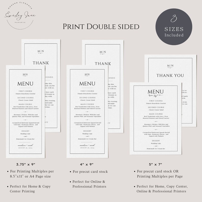 Menu First Course Layout Classic Wedding Menu and Thank You Card, Thank You Napkin Note ...