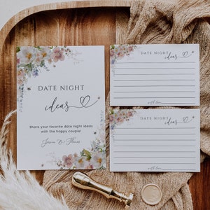 Plantilla de letrero con ideas para una cita nocturna, juego de despedida de soltera, despedida de soltera entre abejas, tarjeta para una cita nocturna para recién casados, tarjeta para una cita nocturna, flores rosas - EJ16