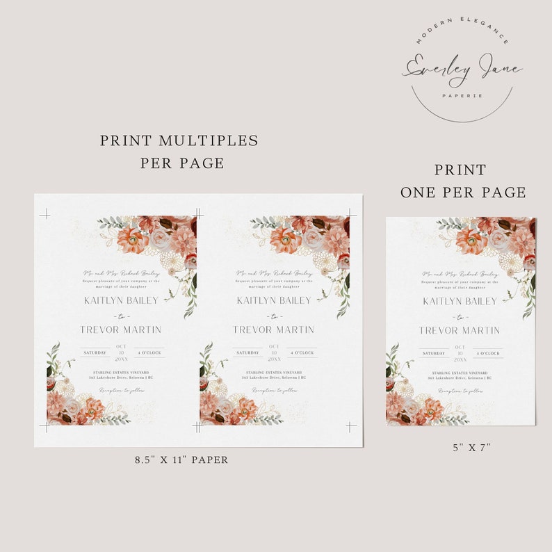 May include: Two wedding invitation templates featuring a floral design. The larger template measures 8.5 inches by 11 inches, while the smaller template is 5 inches by 7 inches. Both templates showcase a watercolour floral design with peach, pink, and white flowers. The text on the invitations reads "Mr. and Mrs. Robert Bailey request the pleasure of your company at the marriage of their daughter Kaitlyn Bailey to Trevor Martin. Saturday, October 20XX, 4 o'clock. Sterling Estates Vineyard, 121 Labradore Drive, Kelowna, BC. Reception to follow."