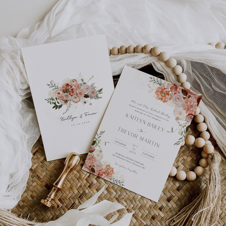 May include: Wedding invitation with floral design. The invitation is white with pink and peach flowers and greenery. The text reads "Mr. and Mrs. Richard Bailey request the pleasure of your company at the marriage of their daughter Kaitlyn Bailey to Trevor Martin Saturday, 10th October 20XX, 4 o'clock Starling Estate Vineyard 545 Lakeshore Drive, Kelowna, BC Reception to follow."