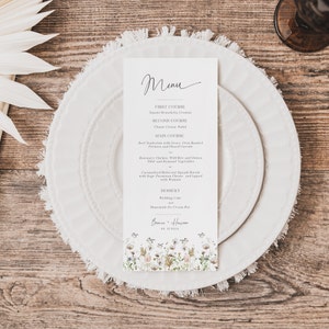 Plantilla de tarjeta de menú de boda, menú de boda con flores silvestres, menú de cena editable, menú floral bohemio, menú imprimible, descarga instantánea - EJ10