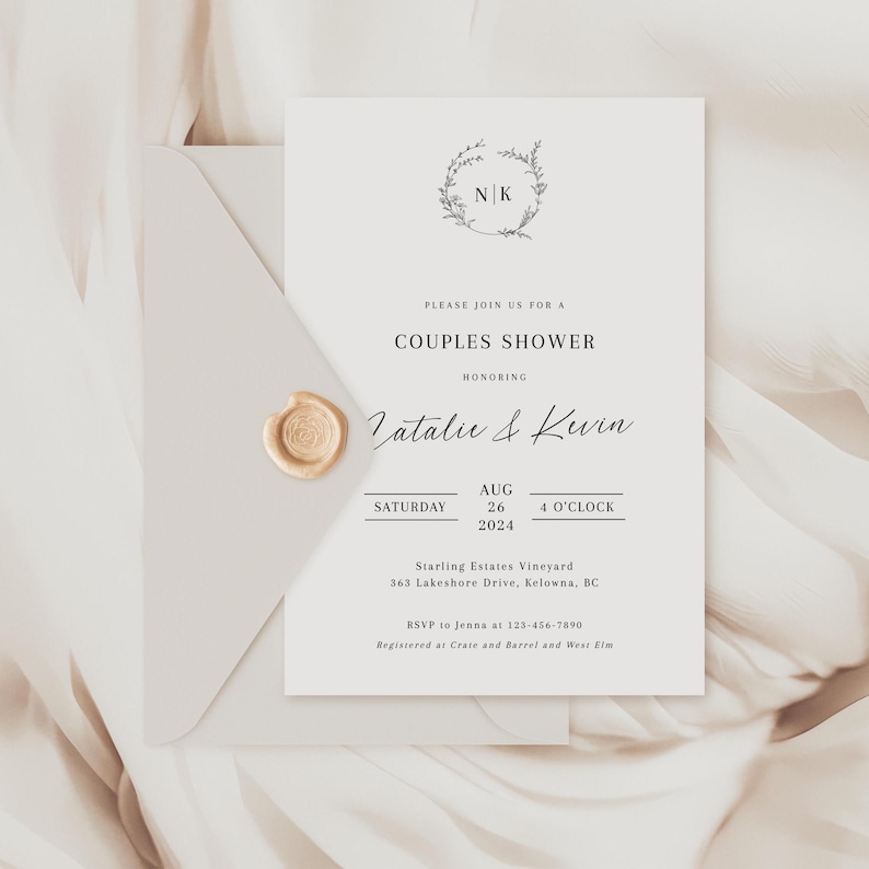 May include: A white wedding invitation with a gold wax seal. The invitation is for a couples shower honoring Natalie & Kevin. The shower will be held on Saturday, August 26, 2024 at 4 o'clock at Starling Estates Vineyard, 363 Lakeshore Drive, Kelowna, BC. RSVP to Jenna at 123-456-7890. Registered at Crate and Barrel and West Elm.
