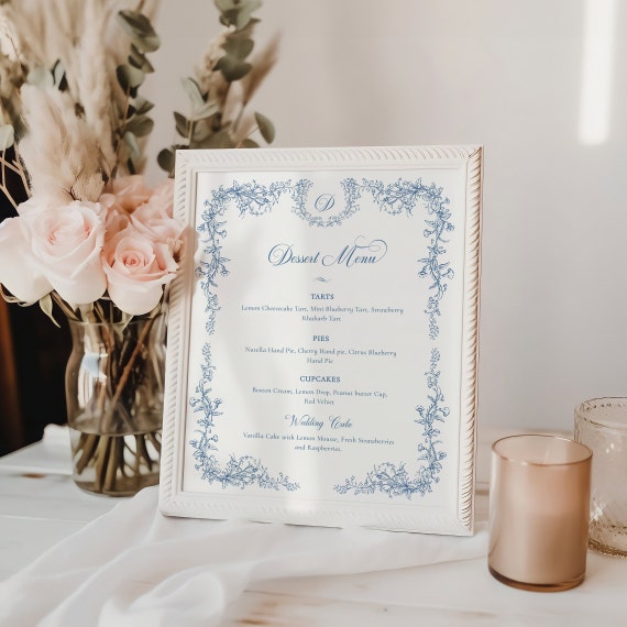Dusty Blue Dessert Menu Sign, Blue Toile Wedding Dessert Menu, Chinoiserie Wedding Reception Sign, Dessert Bar Sign, Editable Sign - EJ33B