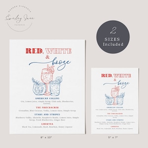 May include: Red, white, and booze printable art featuring a hand-drawn illustration of three cocktails. The text includes the names of four cocktails: American Collins, The Firecracker, Stars and Stripes, and Libertea. The printable art is available in two sizes: 8x10 inches and 5x7 inches.