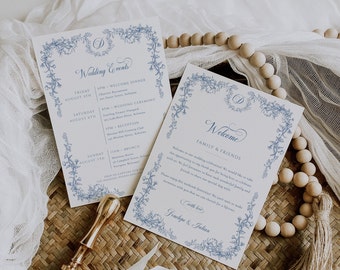 Bruiloft welkomstbrief en evenementen tijdlijn sjabloon, blauwe Toile bruiloft welkomstroutekaart, Franse Toile welkomsttas opmerking - EJ33