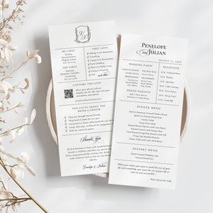 May include: A wedding invitation with a white background and black text. The invitation includes the couple's names, Penelope and Julian, the wedding date, and a wedding party list. The invitation also includes a dinner menu with a variety of dishes, including herb and parmesan crusted chicken breast, spiral cut honey glazed ham, and roasted carrots with lime butter. The invitation also includes a dessert menu with a salted caramel wedding cake and assorted hand pies.