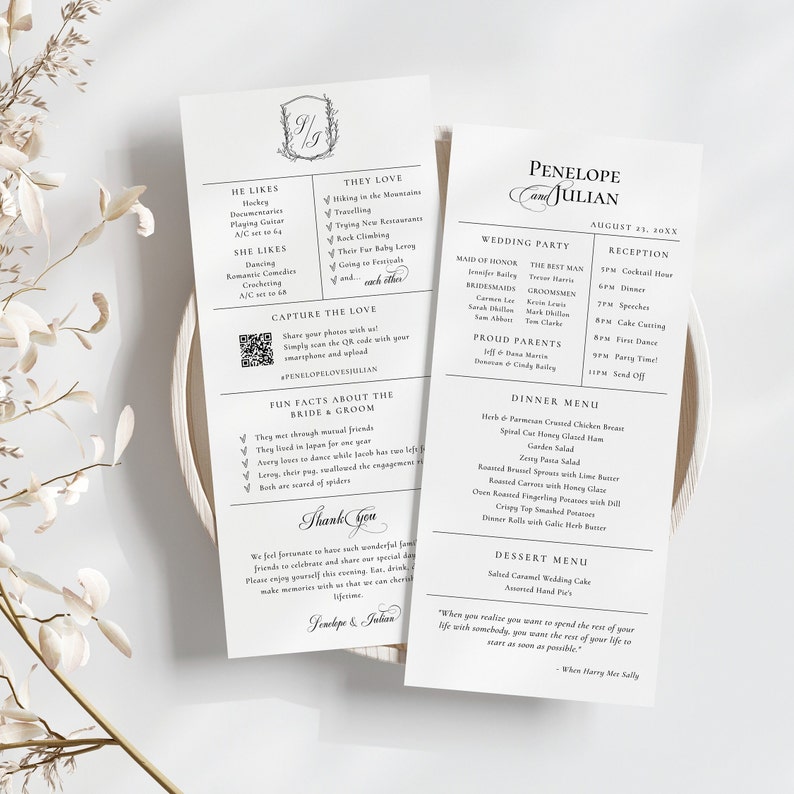May include: A wedding invitation with a white background and black text. The invitation includes the couple's names, Penelope and Julian, the wedding date, and a wedding party list. The invitation also includes a dinner menu with a variety of dishes, including herb and parmesan crusted chicken breast, spiral cut honey glazed ham, and roasted carrots with lime butter. The invitation also includes a dessert menu with a salted caramel wedding cake and assorted hand pies.